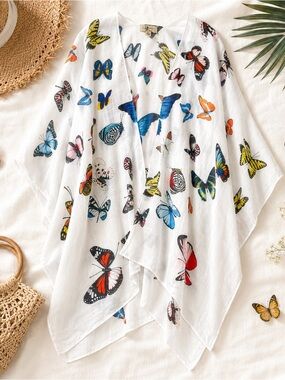 Butterfly Print Whimsi Cotton Kimono Cover Up White Sheer Beach  Fairycore OS